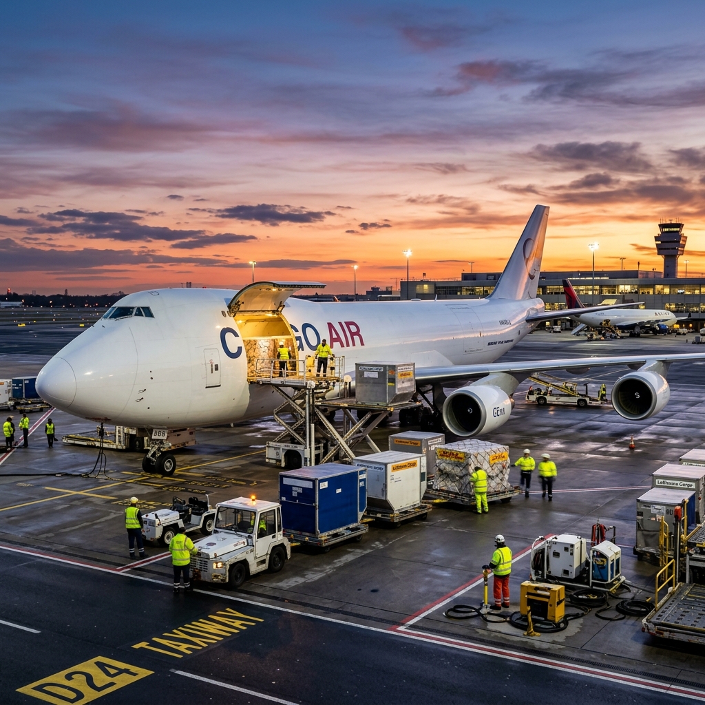 Cargo aircraft being loaded at airport tarmac at dusk