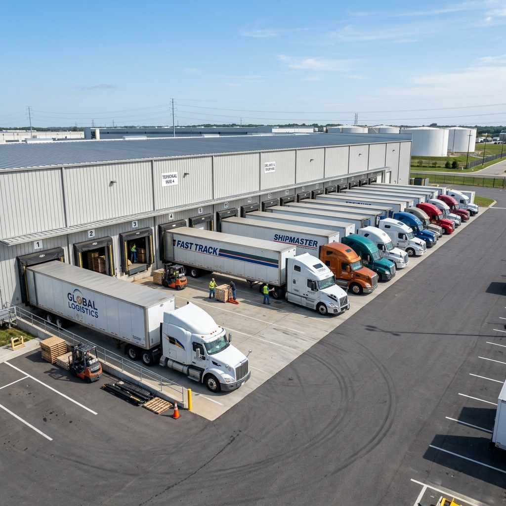 Semi-trucks at a freight terminal loading dock