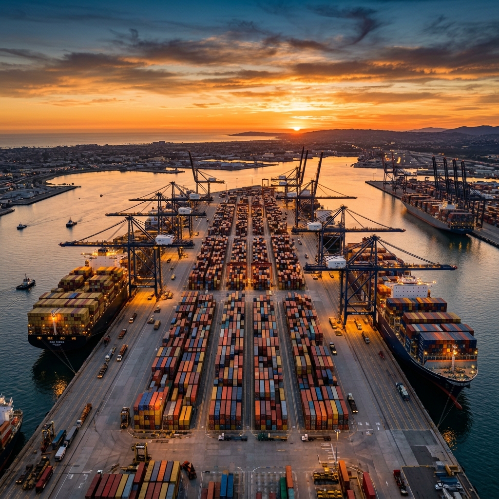 Aerial view of a container port at golden hour