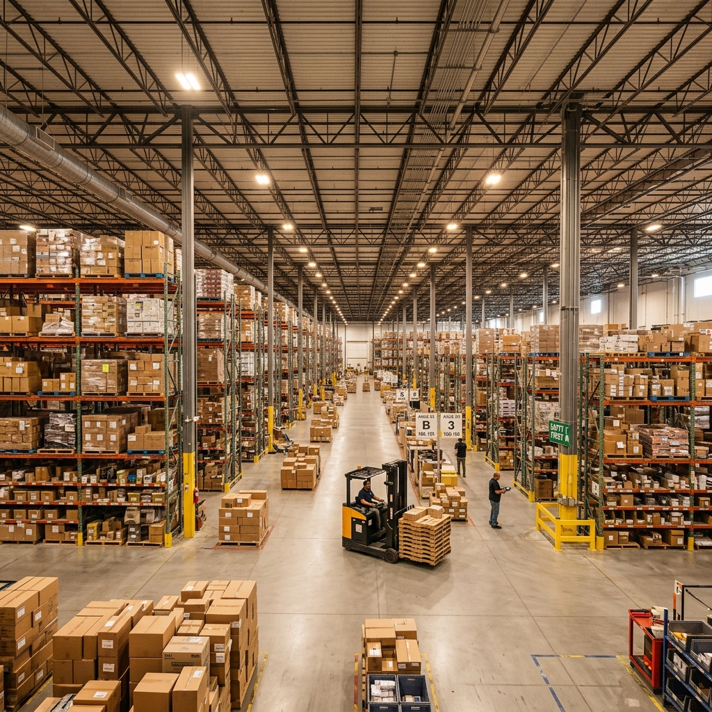 Vast modern overseas warehouse interior with organized shelving and forklift